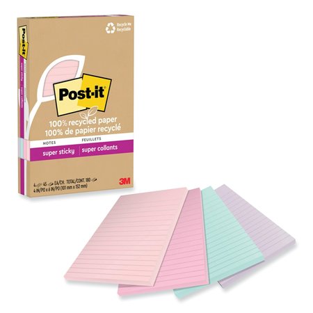 Post It Notes Super Sticky 100% Recycled Paper Super Sticky Notes, Ruled, 4 x 6, Wanderlust Pastels, 45 Sheets/Pad, 4PK 70007079570